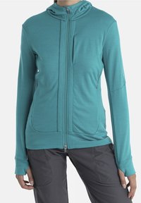 Felpa zip-up color teal realizzata in tessuto morbido, con zip frontale, tasche a marsupio e cappuccio integrato; texture liscia, stile aderente.