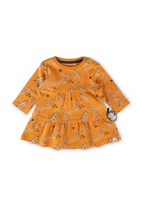 Langärmliges Kleid aus senfgelber Baumwolle mit Blatt- und Sternmustern, einem gestuften Rock und einem seitlichen Akzent mit einem kleinen Tier.