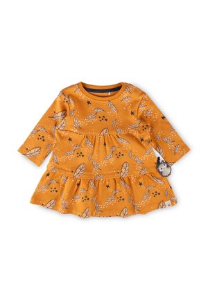 Langärmliges Kleid aus senfgelber Baumwolle mit Blatt- und Sternmustern, einem gestuften Rock und einem seitlichen Akzent mit einem kleinen Tier.