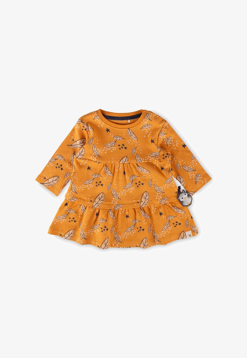 Langärmliges Kleid aus senfgelber Baumwolle mit Blatt- und Sternmustern, einem gestuften Rock und einem seitlichen Akzent mit einem kleinen Tier.