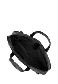Schwarze Lederhandtasche mit zwei Griffen und einem Reißverschluss. Das Innere ist glatt und gefüttert, mit einem schlichten Design ohne zusätzliche Fächer.