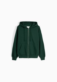Felpa verde con zip realizzata in tessuto misto cotone. Presenta un cappuccio con stringhe, tasca a canguro e polsini e orlo a coste.
