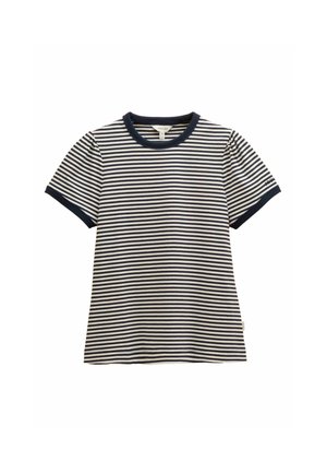 Kortærmet t-shirt med marineblå og hvide vandrette striber og marineblå kant ved krave og ærmekanter, lagt fladt på hvid baggrund.