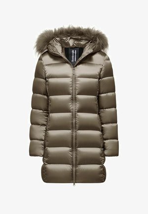 Piumino beige con zip frontale, cappuccio staccabile foderato in pelliccia e motivo trapuntato orizzontale per l'isolamento. Presenta due tasche laterali.