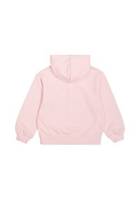 Felpa rosa con tasca a marsupio, polsini e orlo a coste. Tessuto morbido con una leggera trama spazzolata. Vista dal retro che mostra il cappuccio e le cuciture.