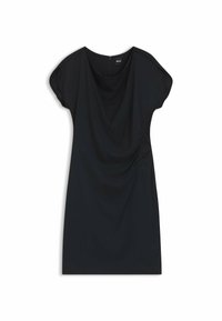 Schwarzes Kleid mit drapiertem Ausschnitt und kurzen Ärmeln. Verfügt über eine seitliche Raffung und einen Reißverschluss auf der Rückseite. Weicher Stoff.
