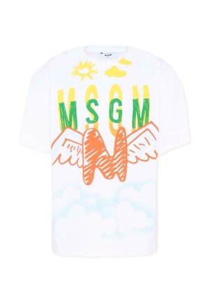 Maglietta bianca con sole giallo e nuvole, lettere verdi "MSGM" e grande "W" arancione con ali e nuvole blu nella parte inferiore.