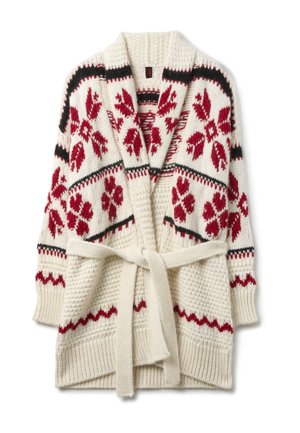 Cardigan crema con motivi a maglia floreale in rosso e nero. Presenta un colletto a scialle e una cintura legata in vita. Maglia testurizzata e polsini a costine.