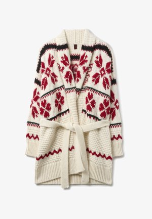 Cremfarbener Cardigan mit floralen Strickmustern in Rot und Schwarz. Verfügt über einen Schalkragen und einen gebundenen Taillengürtel. Strukturiertes Strickmaterial und gerippte Bündchen.