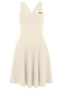 Lichtbeige mouwloze jurk met een getailleerde lijfje en uitlopende rok. Heeft een V-halslijn en gekruiste schouderbanden. Fila-logo op de borst.