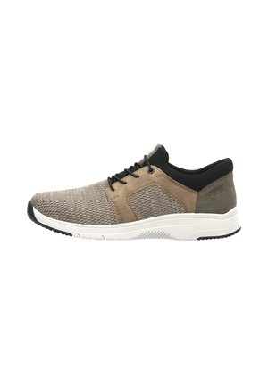 Men's sneaker with a textured beige mesh upper, brown suede accents, black heel, and a white rubber sole. Lace-up closure, lightweight design.