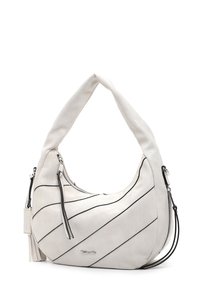 Witte leren schoudertas met een gebogen vorm, zwarte diagonale stiksels en accenttassels. Voorzien van een ritsluiting en een verstelbare schouderband.