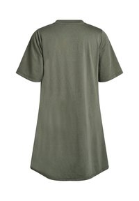 Olivgrön kortärmad t-shirtklänning med rundad nederkant och slät tygkänsla. Enkelt, minimalistiskt design utan synliga mönster eller detaljer.