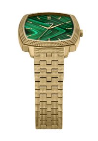 Montre dorée avec un boîtier carré, un cadran en malachite verte texturée et un bracelet en métal à motif.