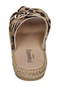 Leopard-print espadrille sandal with a textured fabric upper, woven jute trim, and a gold-tone buckle accent on the strap. Flat sole.