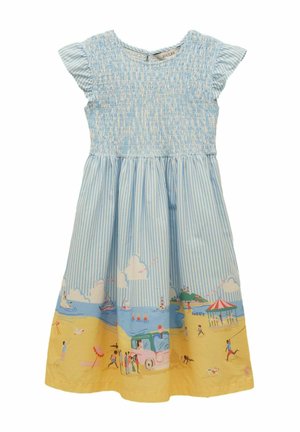 Blue and white striped children's dress with smocked bodice, flutter sleeves, and a colorful seaside beach scene on the skirt.