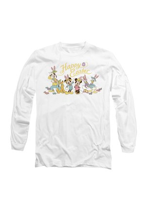Weißes Langarmshirt mit Oster-Motiv: sechs Comicfiguren mit Hasenohren und dem Text "Happy Easter" darüber.