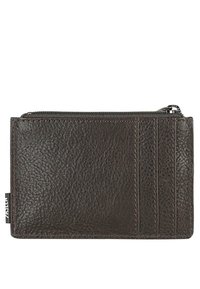 Billetera de cuero marrón con una superficie texturizada, que presenta un cierre con cremallera y múltiples ranuras para tarjetas en un lado. Diseño compacto y rectangular.