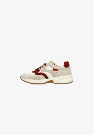 Men’s casual sneaker with beige and burgundy suede panels, white accents, lace-up design, and a thick white sole with brown tread.