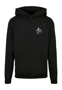 Felpa nera con tasca frontale, cappuccio regolabile con lacci e un personaggio dei cartoni animati colorato ricamato sul petto. Tessuto in cotone, design casual.