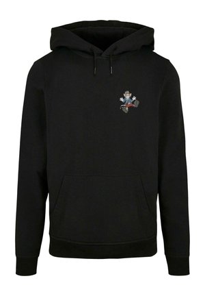 Schwarzer Hoodie mit einer Kängurutasche, Kapuze mit Kordelzug und einem bunten Comiccharakter, der auf der Brust gestickt ist. Baumwollstoff, lässiges Design.