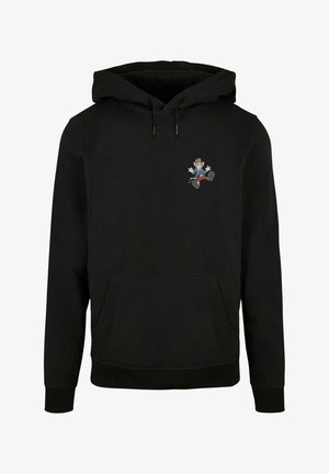 Schwarzer Hoodie mit einer Kängurutasche, Kapuze mit Kordelzug und einem bunten Comiccharakter, der auf der Brust gestickt ist. Baumwollstoff, lässiges Design.