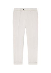 Lichtbeige op maat gemaakte broek met een vlakke voorkant, zijzakken en een enkele knoopsluiting. Bevat een omgeslagen zoom en een gladde stoftextuur.