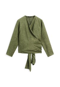 Grüne Leinen-Wickelbluse mit langen Ärmeln, V-Ausschnitt und einem Band in der Taille. Die Textur ist leicht grob und hat ein natürliches Finish.