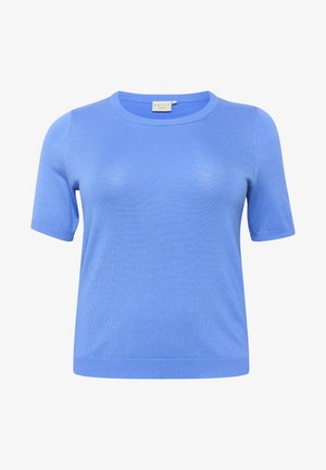 Jasnoniebieski, krótki sweter na krótkim rękawie z okrągłym dekoltem. Ma gładką teksturę i prosty krój. Brak widocznych wzorów lub akcentów.