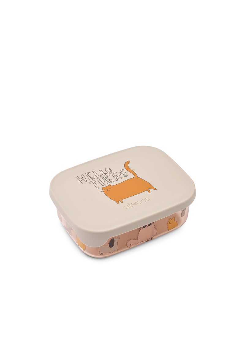 Rectangular storage container in cream with a cartoon cat design. Features a patterned base with various pets and a secure lid.