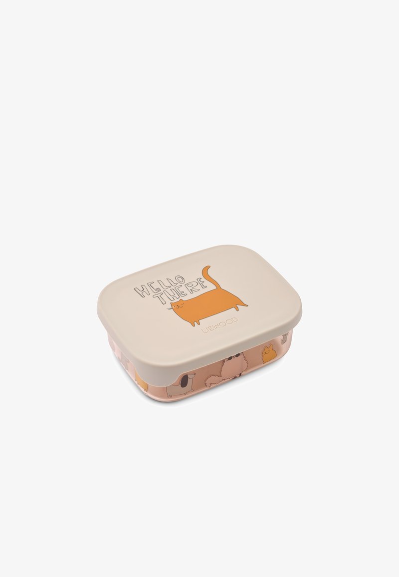 Rectangular storage container in cream with a cartoon cat design. Features a patterned base with various pets and a secure lid.
