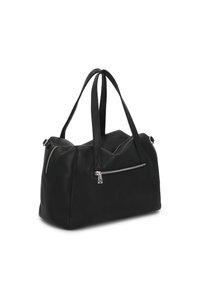 Czarna skórzana torba sportowa z podwójnymi uchwytami u góry, zamykaną na zamek główną komorą oraz zewnętrzną kieszenią z przodu na zamek. Gładka textura i usztywniony kształt.