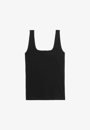 Sort ærmeløs tanktop med firkantet halsudskæring. Lavet af en bomuldsblandingsstof, der har en glat tekstur og ingen synlige mønstre eller detaljer.