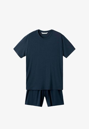 Donkerblauw T-shirt met korte mouwen en ronde hals, gecombineerd met bijpassende donkerblauwe shorts op een witte achtergrond.