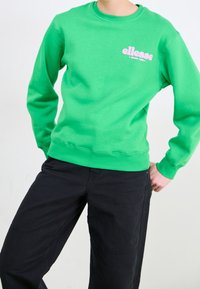 Grön sweatshirt med långa ärmar, ribbad fåll och ribbade ärmslut. Har en rosa "ellesse"-logotyp på bröstet. Jämförd med svarta byxor.