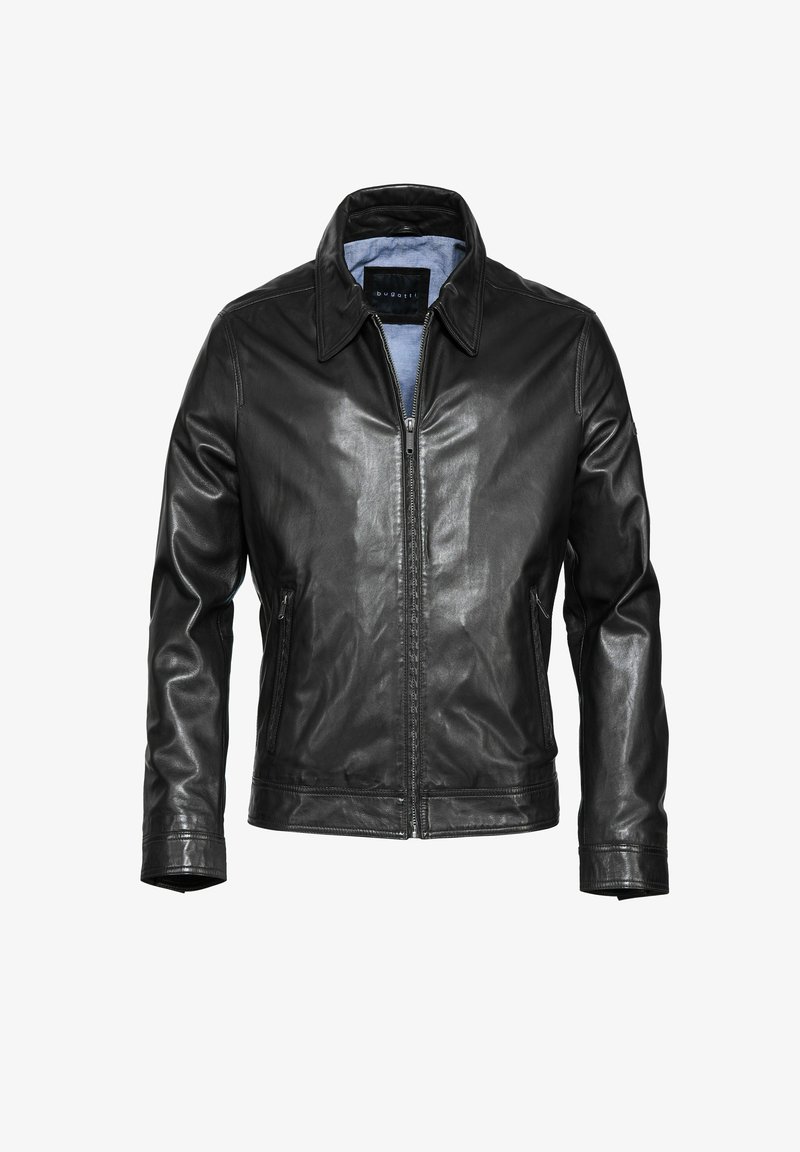 Črna usnjena jakna z zadrgo na sprednji strani, koničastim ovratnikom, dvema stranskima žepoma in modrim podloženjem. Gladka tekstura s prilegajočim krojem.