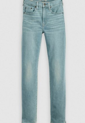 Jeans in denim azzurro chiaro con taglio dritto, cinque tasche e lievi sbiaditure. Presentano accessori in metallo e una vita standard.