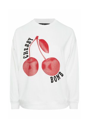 Valkoinen huppari, jossa on kirsikkaoho ja punamusta teksti, joka lukee "CHERRY BOMB." Ominaisuuksiin kuuluu pyöreä kaula-aukko ja ribbaus hihansuissa.