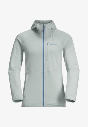 Lichtgrijze softshell jas met een hoge kraag, volledige rits, blauwe accenten, een rits borstzak en een gestructureerde stof. Ideaal voor gebruik buitenshuis.
