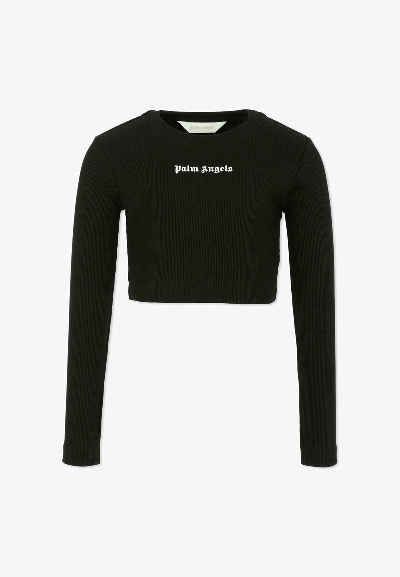 Top noir à manches longues, côtelé, court avec un col rond et le texte "Palm Angels" en blanc centré sur la poitrine.