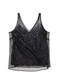 Top senza maniche nero con scollatura a V profonda, realizzato in materiale trasparente, decorato con paillettes quadrate e rotonde per un tocco di consistenza e brillantezza.