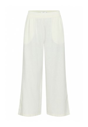 Lightweight cream linen pants with an elastic waistband and side pockets. Wide-leg design enhances comfort and breathability.