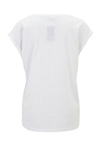 Weißes T-Shirt mit kurzen Ärmeln, lockerer Passform, weichem Baumwollmaterial und geradem Saum. Auf der Rückseite befindet sich ein kleines Stoffetikett.