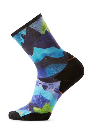 Skarpeta z czarnym obcasem, palcem i mankietem, ozdobiona wielokolorowym abstrakcyjnym wzorem w tonacjach niebieskiego, zielonego i fioletowego.