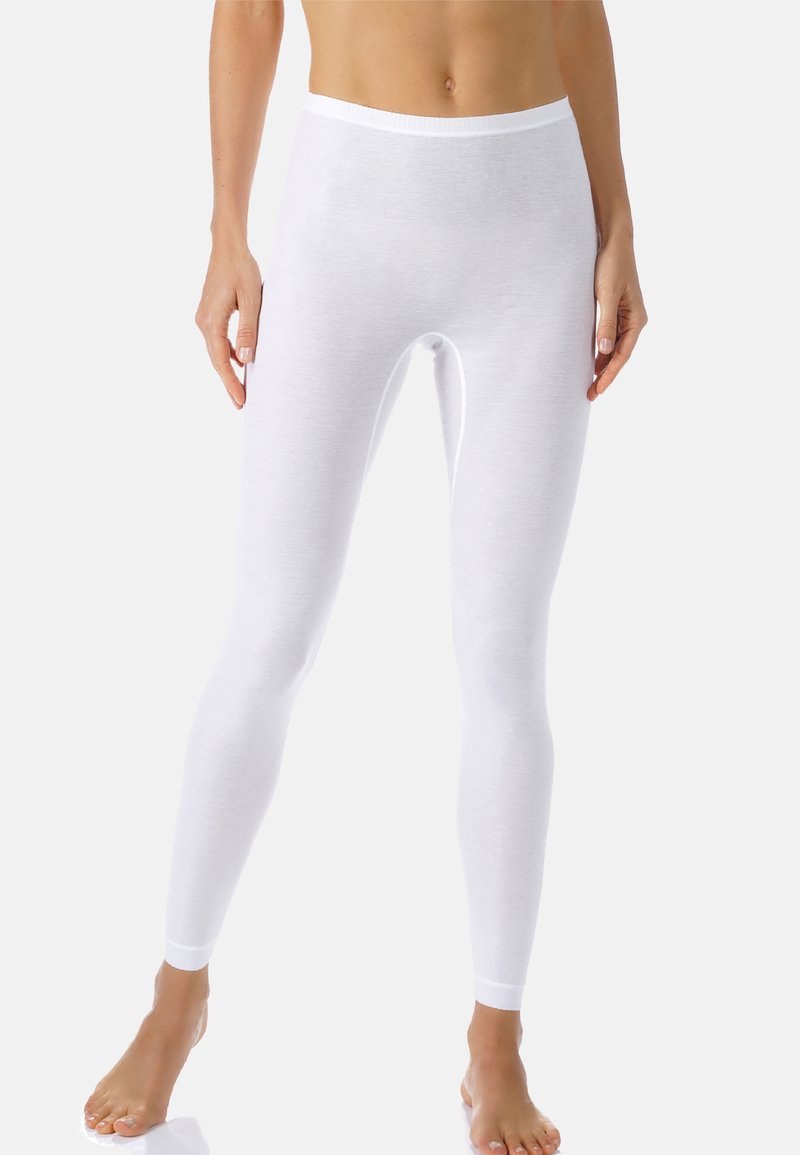 White leggings made from a soft, stretchy fabric. They feature a high waistband and a smooth texture, providing a fitted appearance.