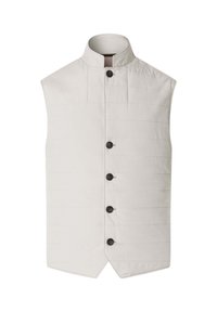 Veste matelassée sans manches beige clair avec col montant et cinq boutons noirs alignés verticalement sur le devant.