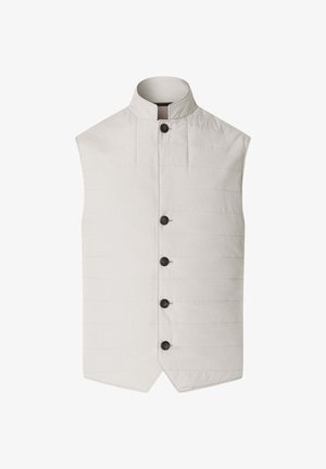 Mouwloos lichtbeige doorgestikt vest met hoge kraag en vijf zwarte knopen verticaal aan de voorkant.