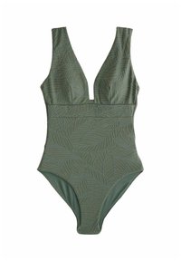 Costum de baie întreg de culoare verde măsliniu, cu decolteu adânc în V, cu model texturat de frunze și deschideri înalte la nivelul picioarelor. Material neted, cu un luciu subtil.