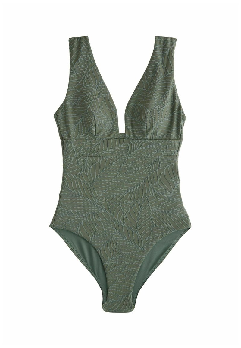 Costum de baie întreg de culoare verde măsliniu, cu decolteu adânc în V, cu model texturat de frunze și deschideri înalte la nivelul picioarelor. Material neted, cu un luciu subtil.
