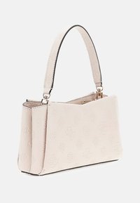 Borsa a mano in pelle rosa chiaro con motivo in rilievo, forma strutturata e manico corto. Presenta accessori color oro e una chiusura con zip.